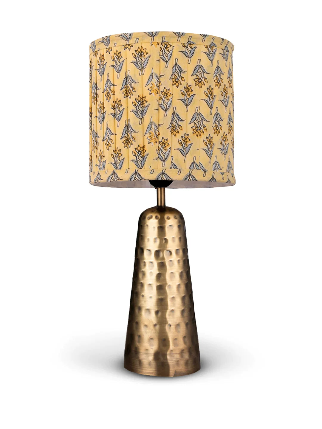 Golden Hammered V-Shaped Lamp with Pleeted Muticolor Lemon Shade