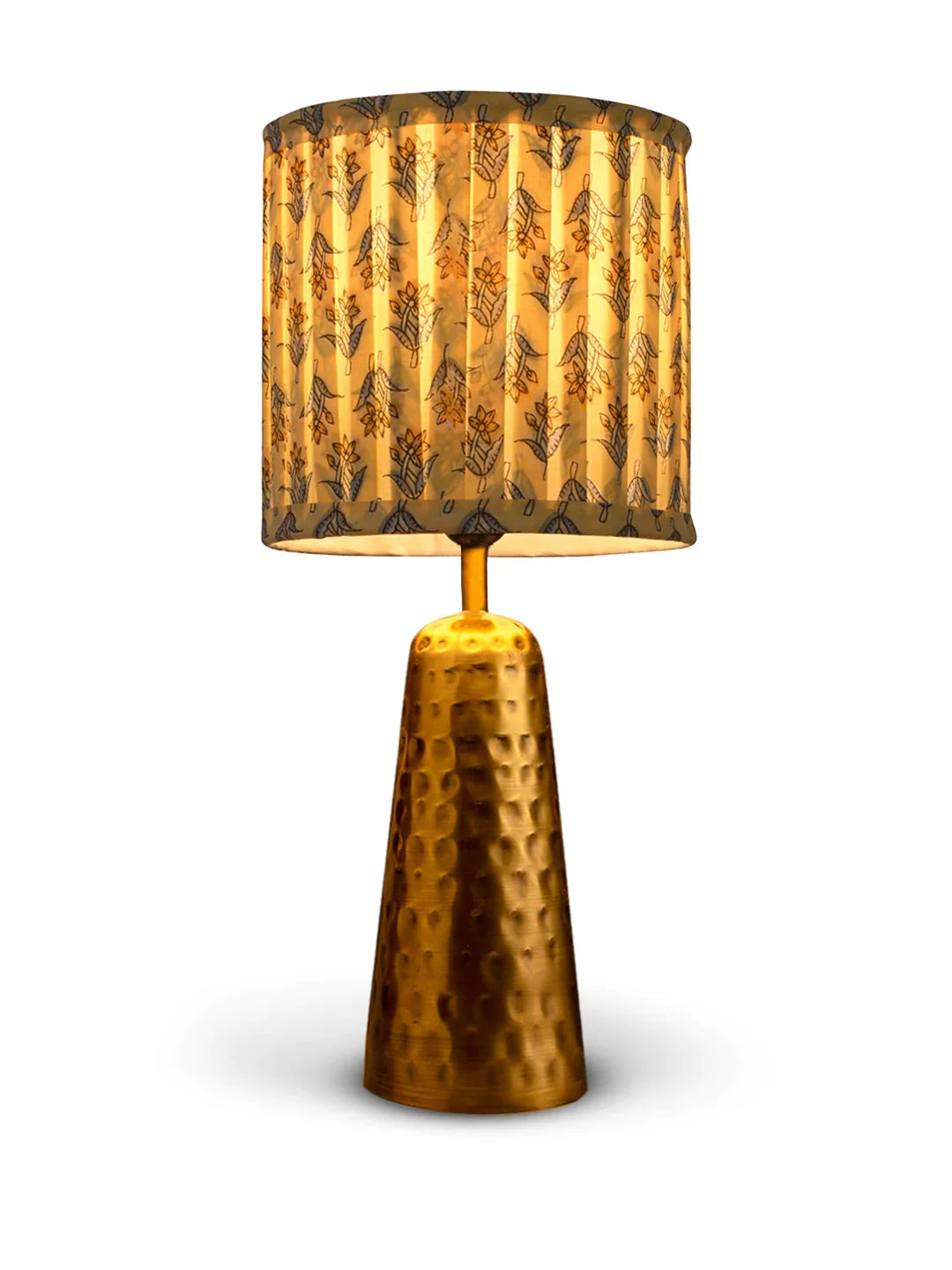 Golden Hammered V-Shaped Lamp with Pleeted Muticolor Lemon Shade