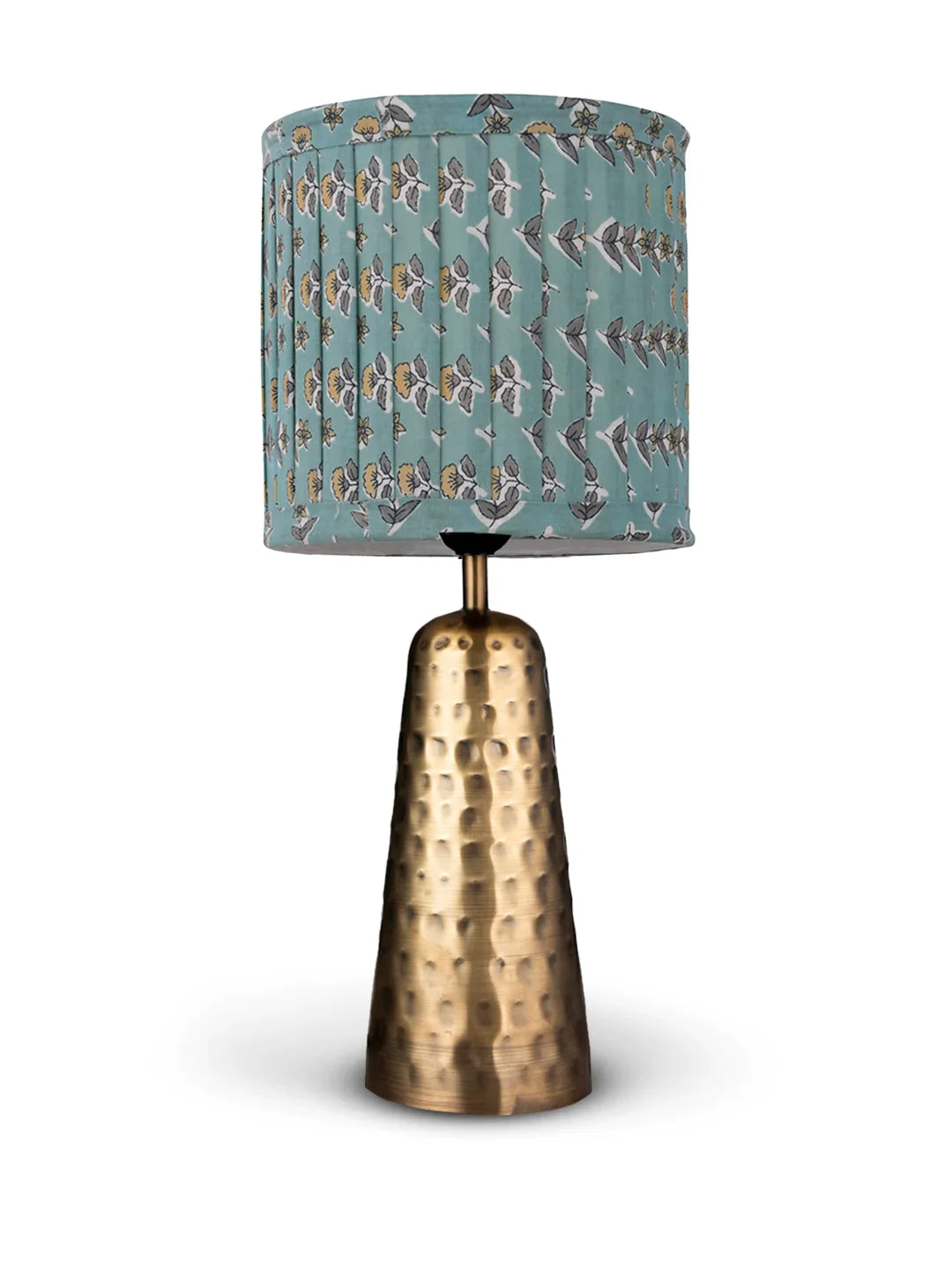 Golden Hammered V-Shaped Lamp with Pleeted Muticolor Lemon Shade