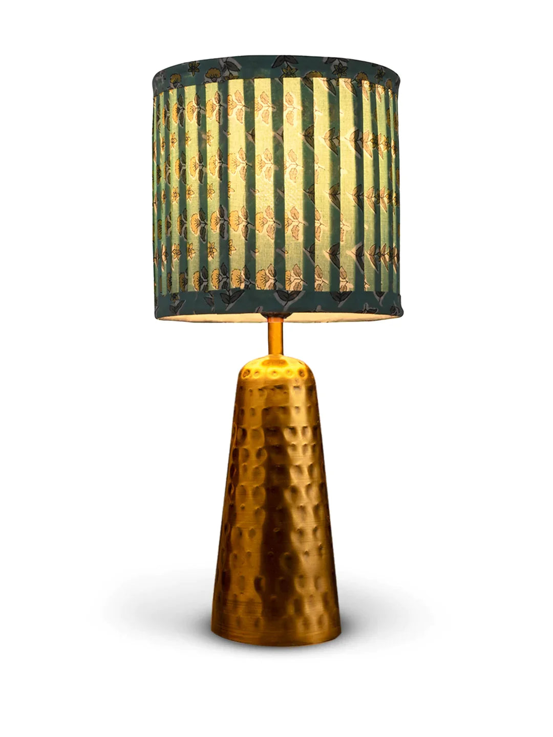 Golden Hammered V-Shaped Lamp with Pleeted Muticolor Lemon Shade
