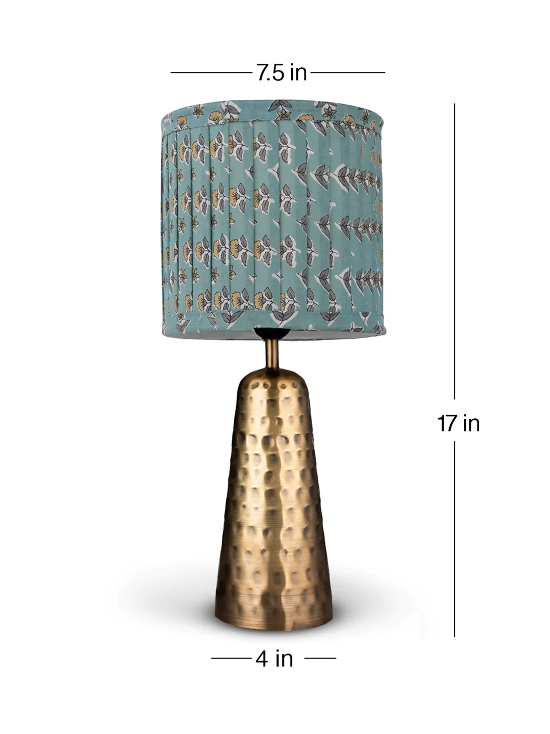 Golden Hammered V-Shaped Lamp with Pleeted Muticolor Turqouise Shade