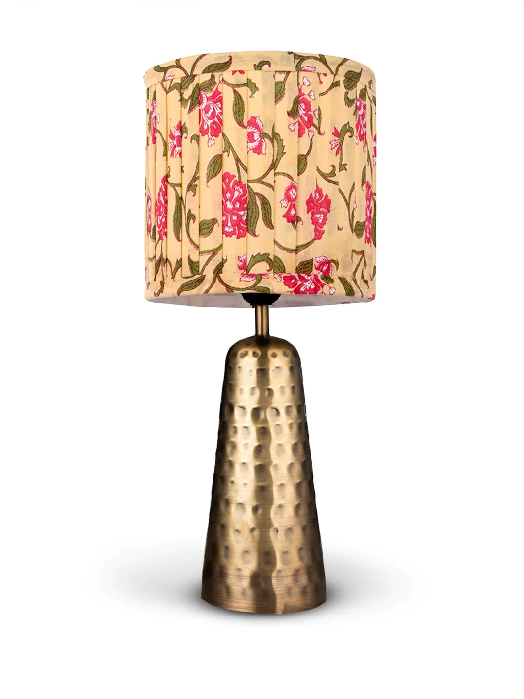 Golden Hammered V-Shaped Lamp with Pleeted Muticolor Yellow Shade