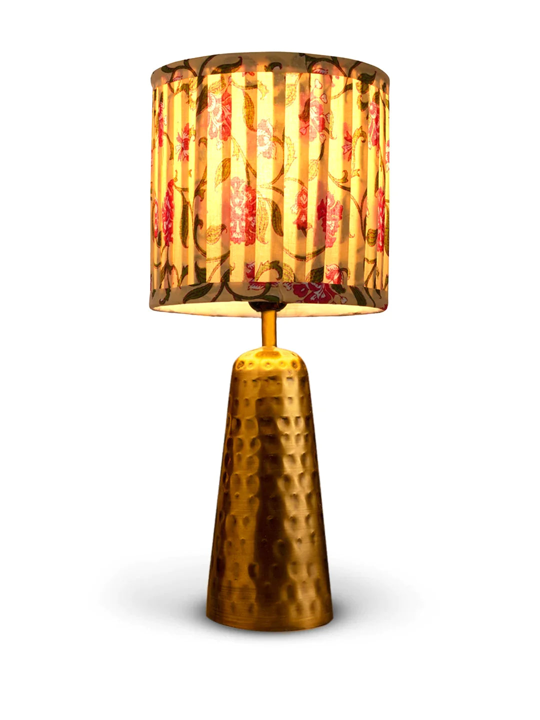 Golden Hammered V-Shaped Lamp with Pleeted Muticolor Yellow Shade