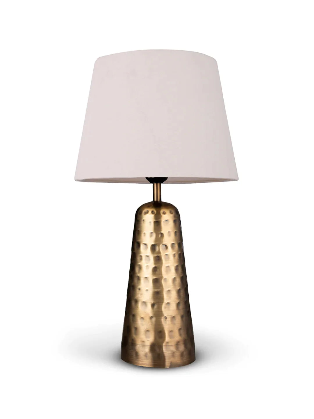 Golden Hammered V-Shaped Lamp with Taper Solid White Shade