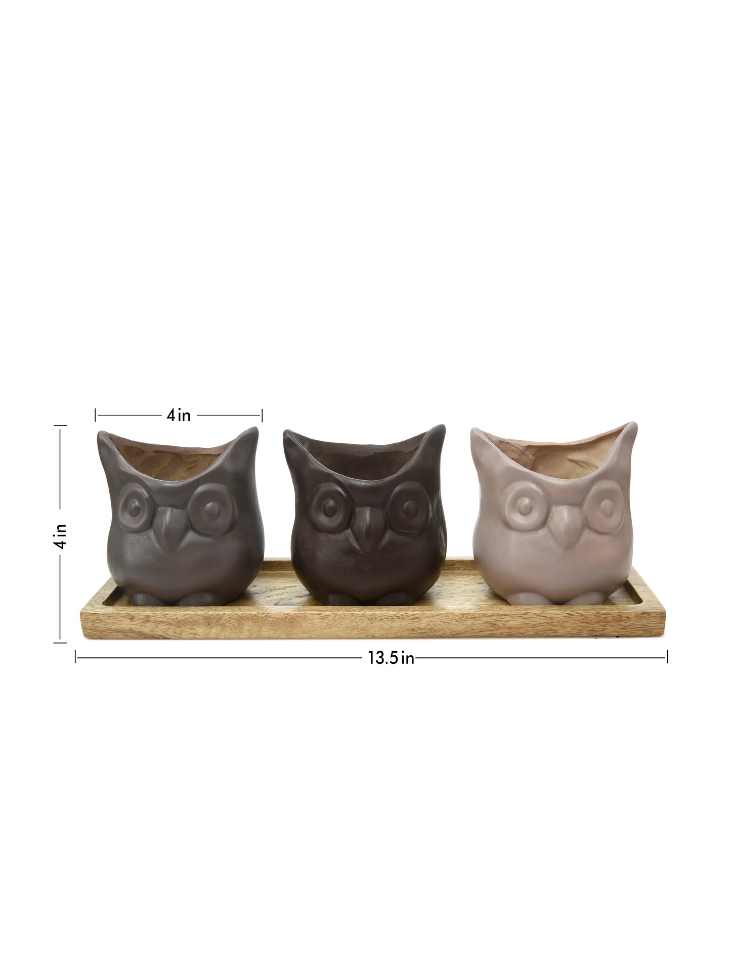 Set of Three Resin Owl Pots with Wooden Base