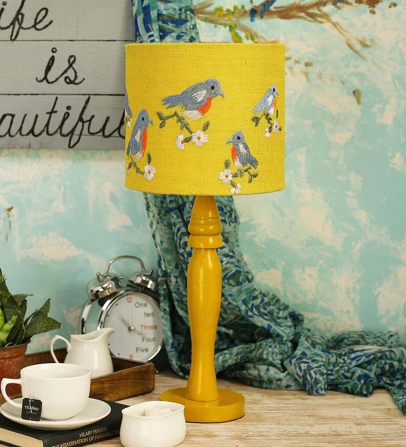 Wooden Yellow Lamp with Embroided Blue Birds Jute Lamp Shade