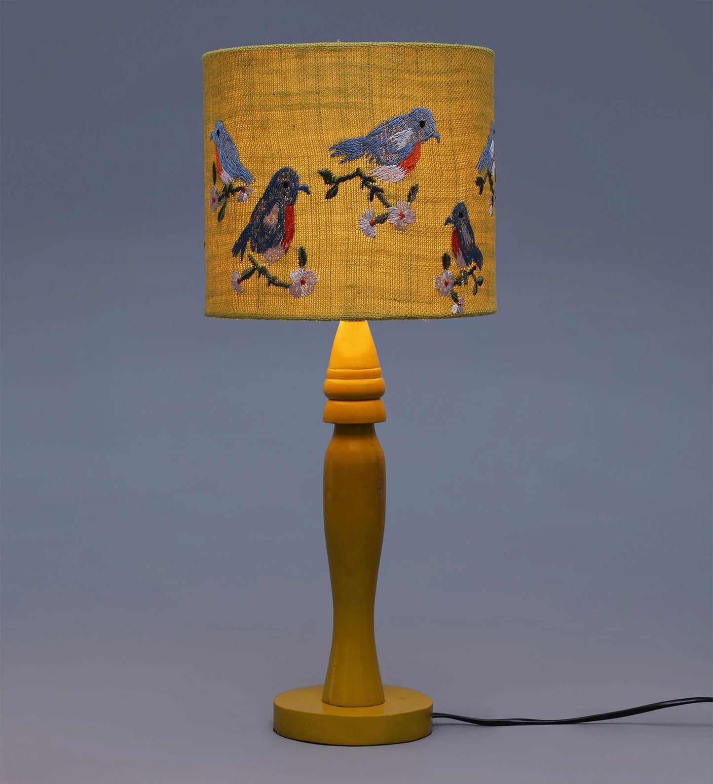 Wooden Yellow Lamp with Embroided Blue Birds Jute Lamp Shade