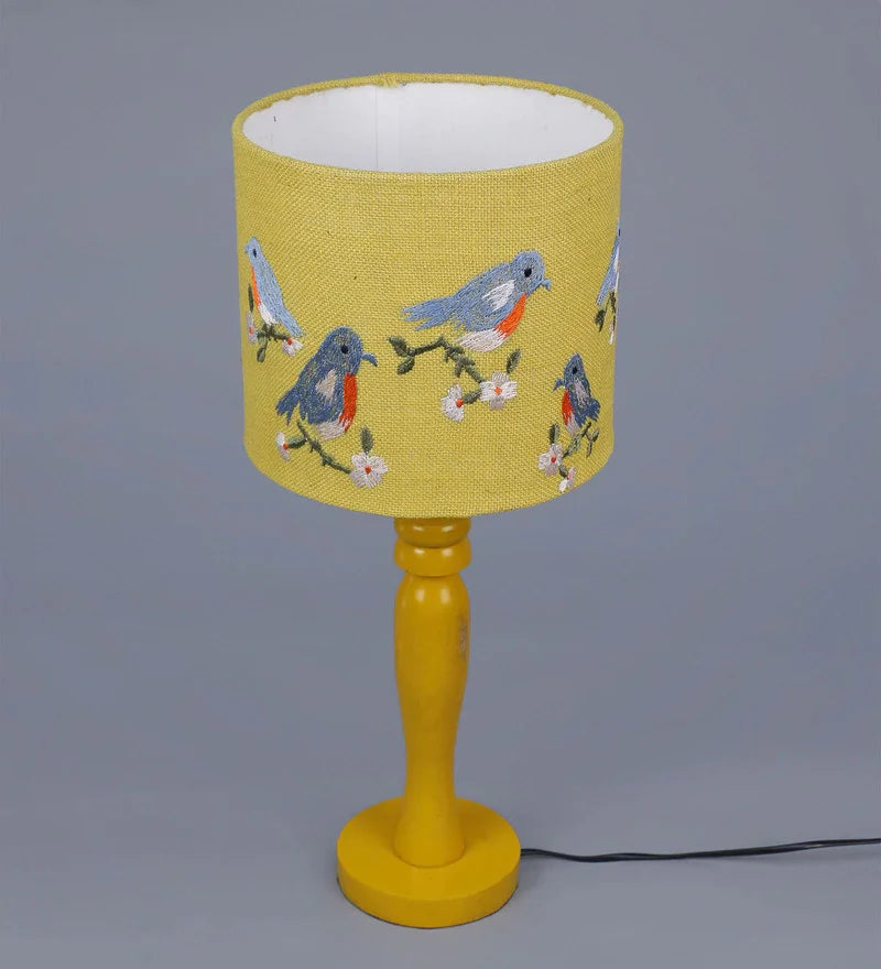 Wooden Yellow Lamp with Embroided Blue Birds Jute Lamp Shade