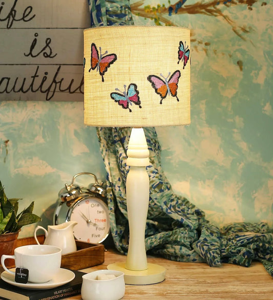Wooden White Lamp with Emborided Butterfly Jute Lamp Shade