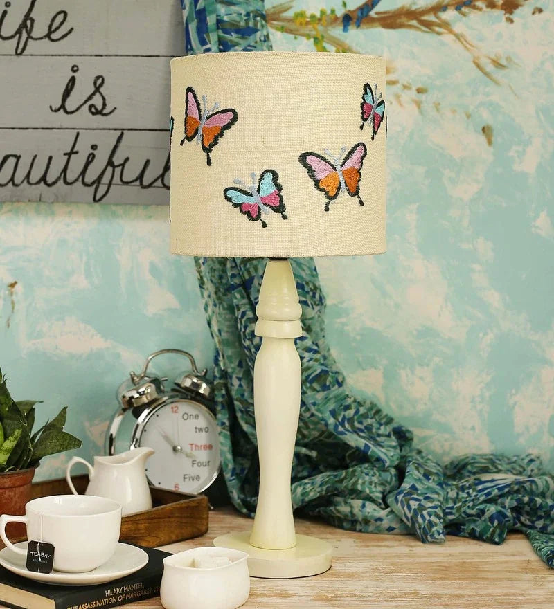 Wooden White Lamp with Emborided Butterfly Jute Lamp Shade