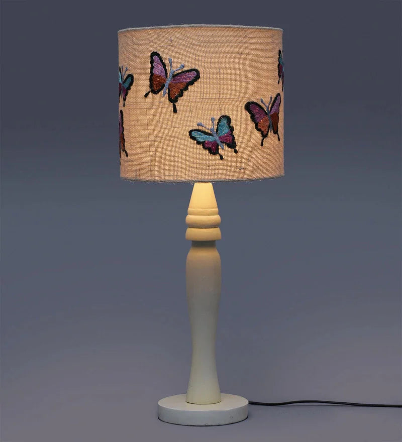 Wooden White Lamp with Emborided Butterfly Jute Lamp Shade
