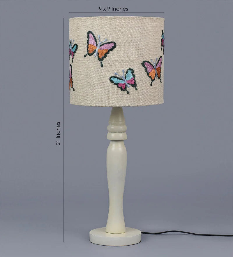 Wooden White Lamp with Emborided Butterfly Jute Lamp Shade