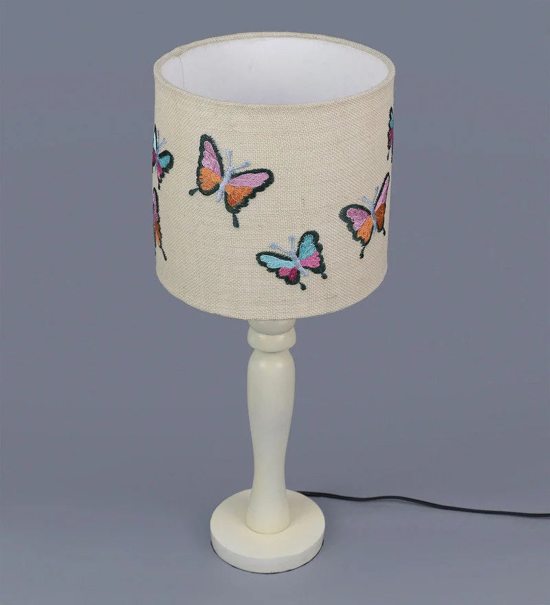 Wooden White Lamp with Emborided Butterfly Jute Lamp Shade
