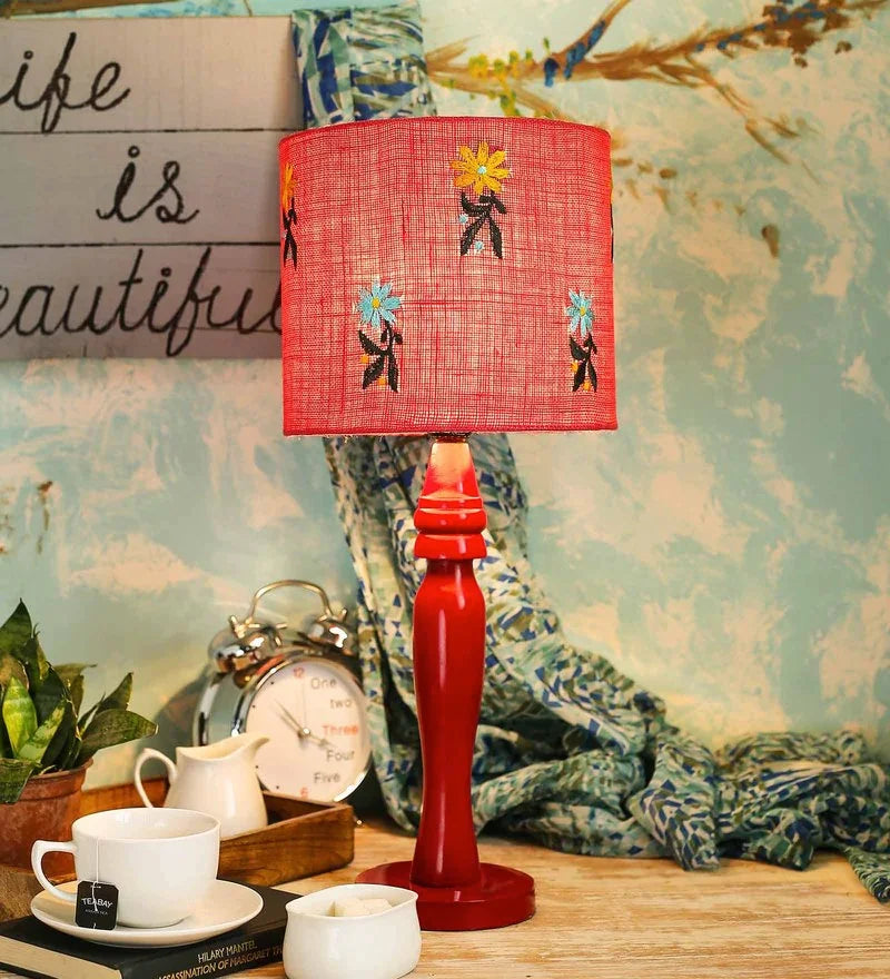 Wooden Red Lamp with Embroided Flowers Jute Lamp Shade