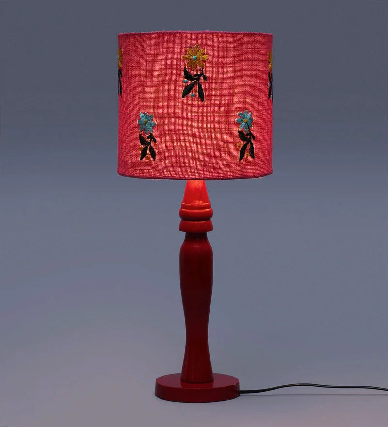 Wooden Red Lamp with Embroided Flowers Jute Lamp Shade