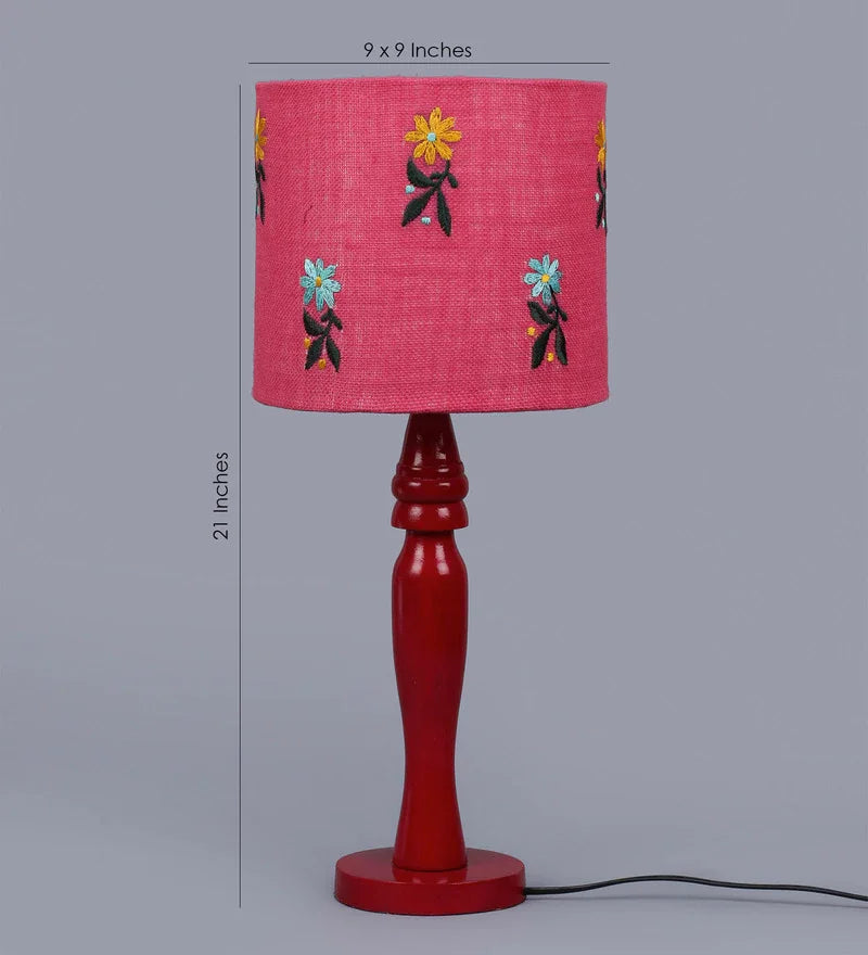 Wooden Red Lamp with Embroided Flowers Jute Lamp Shade
