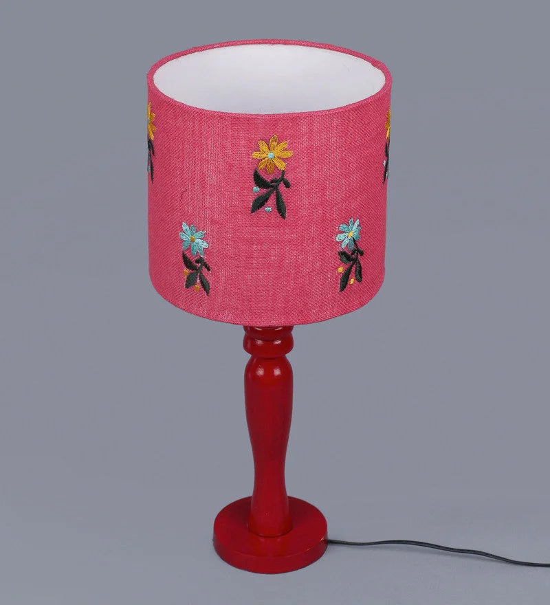 Wooden Red Lamp with Embroided Flowers Jute Lamp Shade