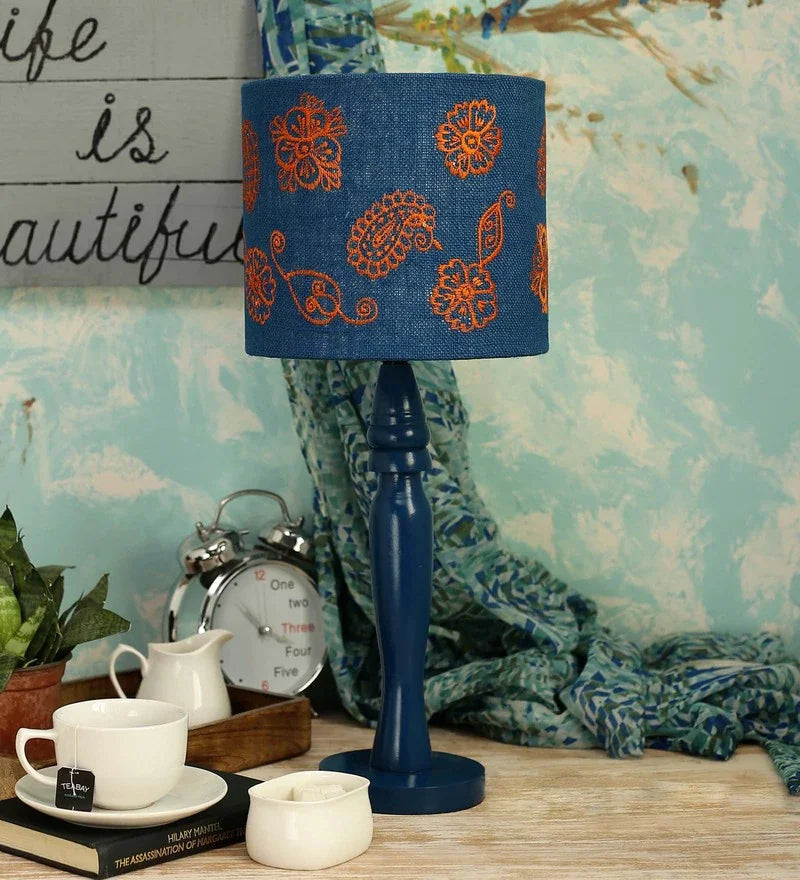 Wooden Blue Lamp with Embroided Ambi Motif Jute Lamp Shade