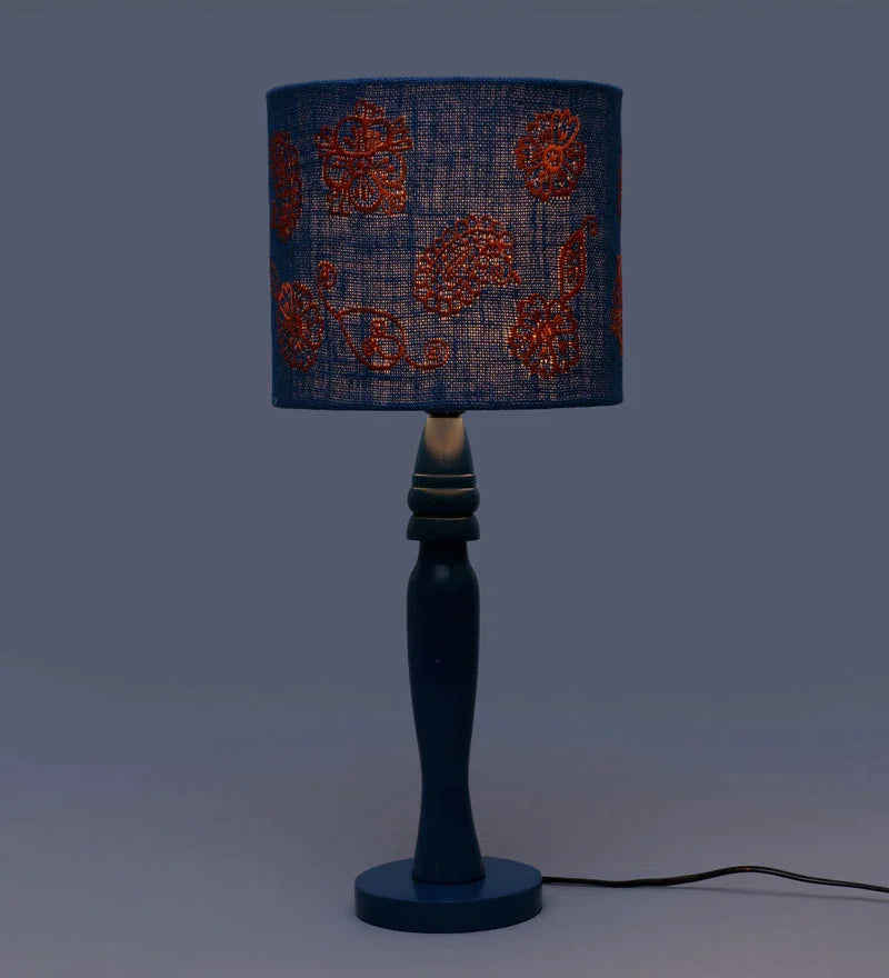 Wooden Blue Lamp with Embroided Ambi Motif Jute Lamp Shade