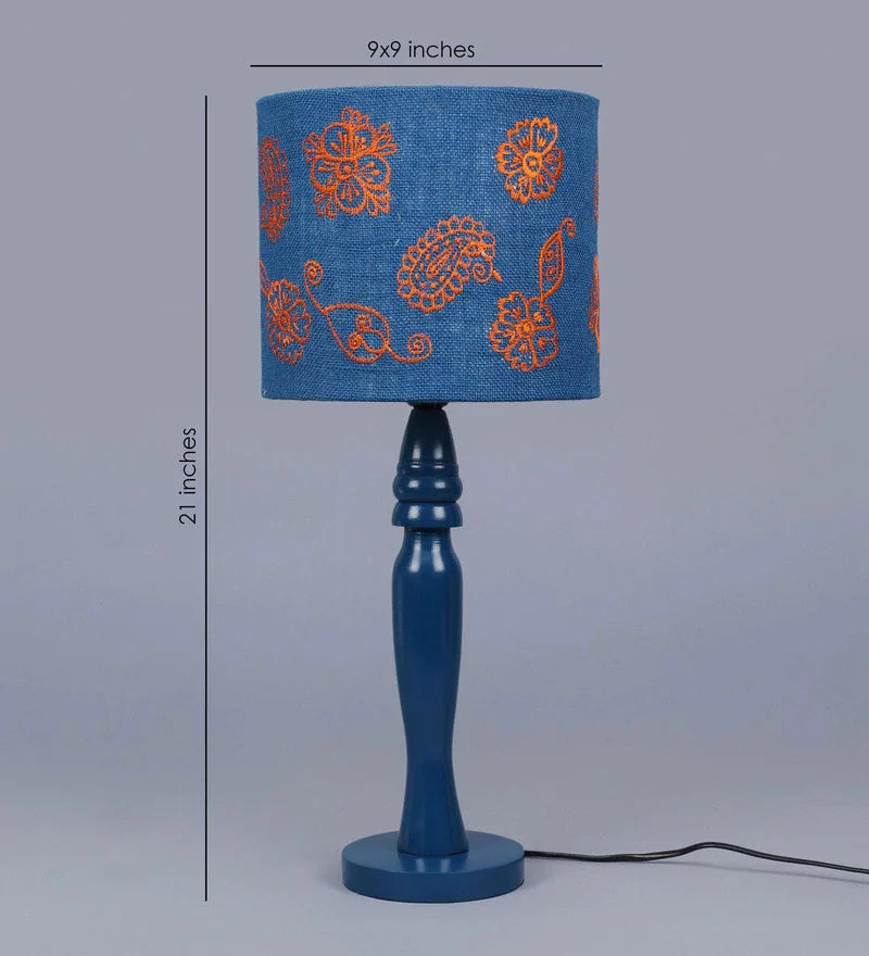 Wooden Blue Lamp with Embroided Ambi Motif Jute Lamp Shade