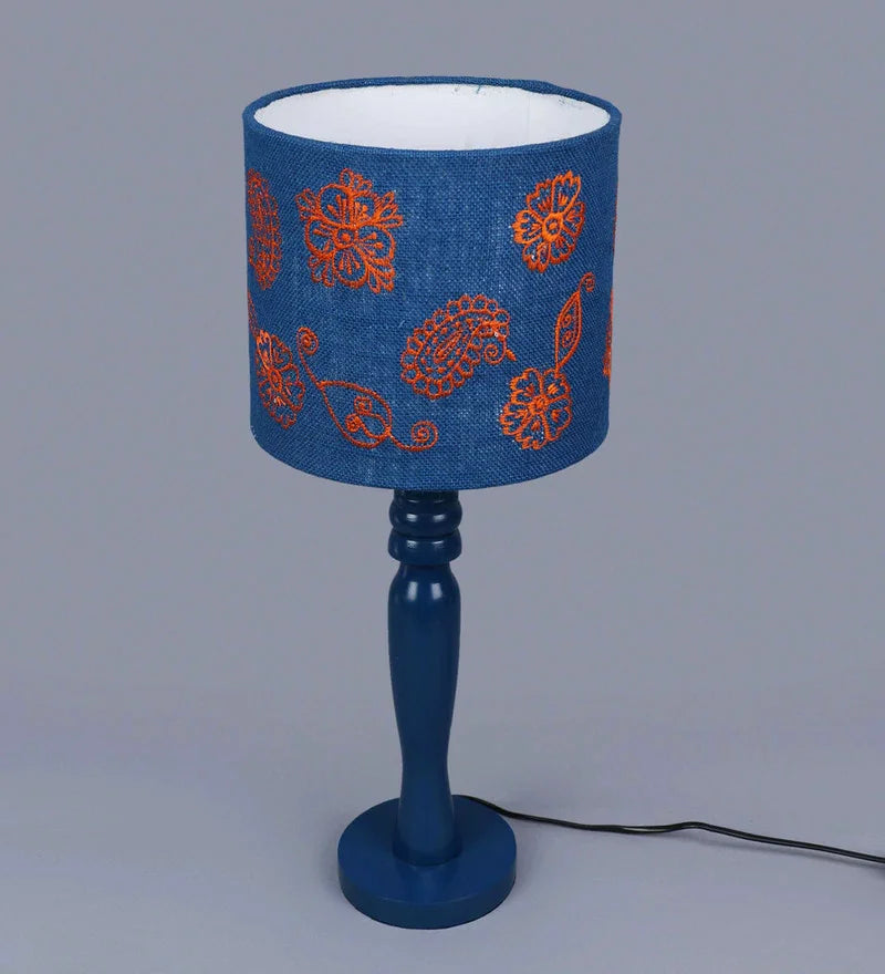 Wooden Blue Lamp with Embroided Ambi Motif Jute Lamp Shade