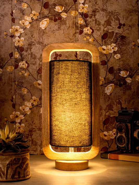 Wooden Lantern Lamp with Black Cotton Shade