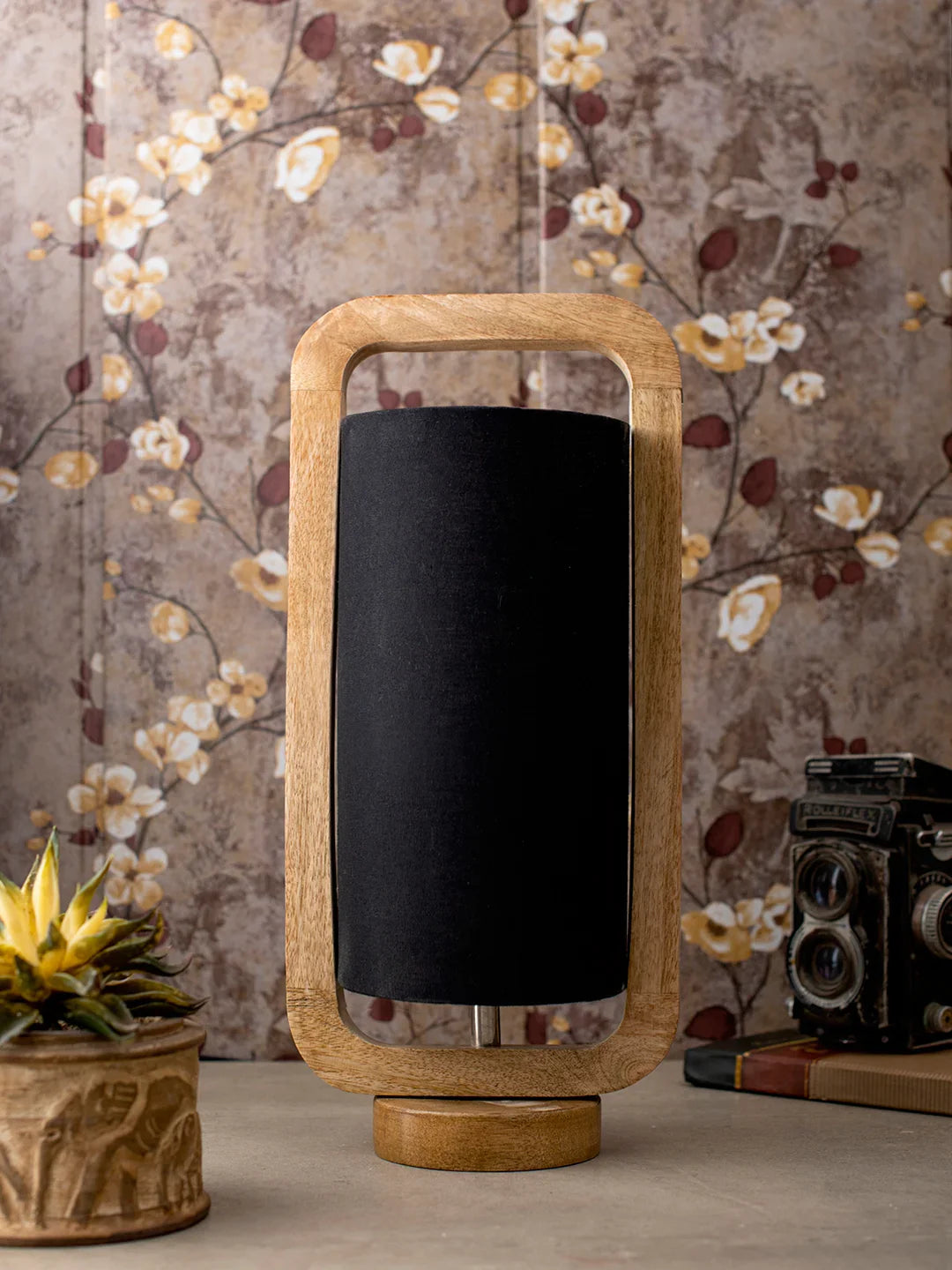 Wooden Lantern Lamp with Black Cotton Shade