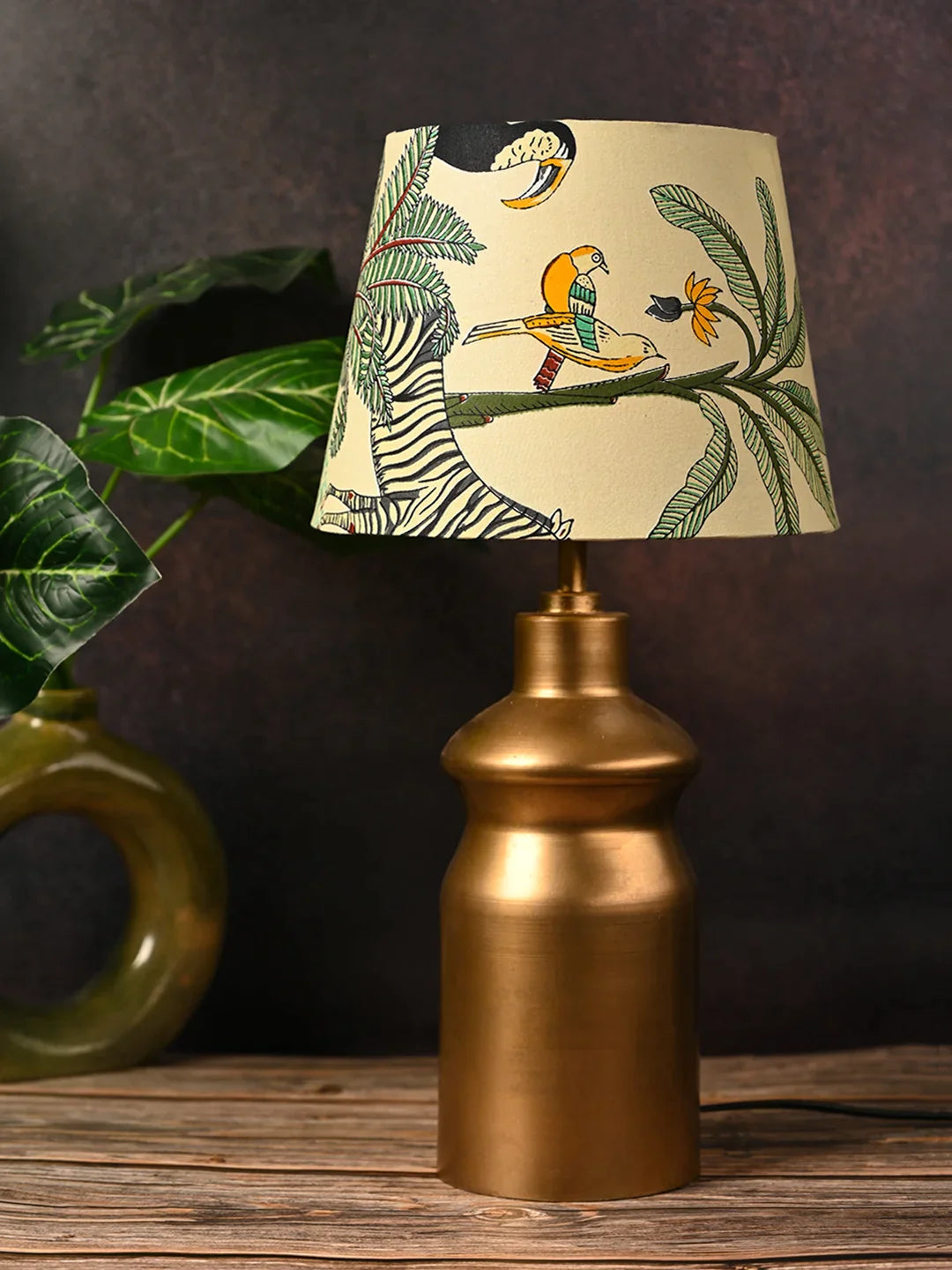 Golden Metal Urn Shaped Lamp with Taper Multicolor Green Shade