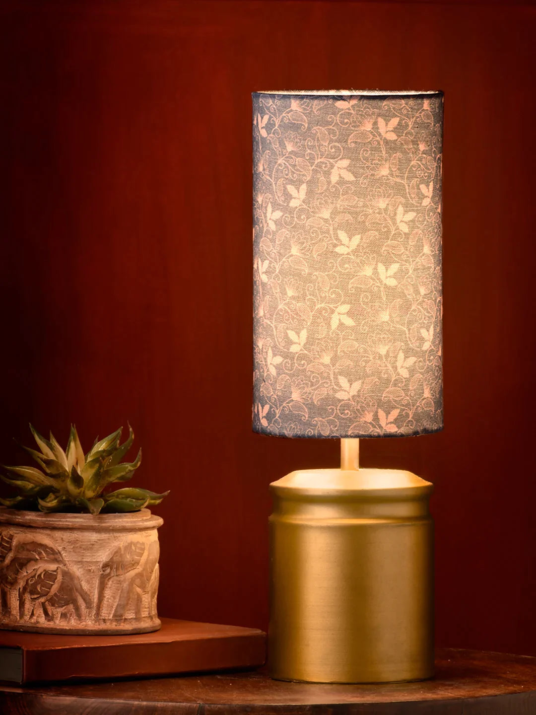 Metal Golden Table Lamp with Floral Vines Print Shade