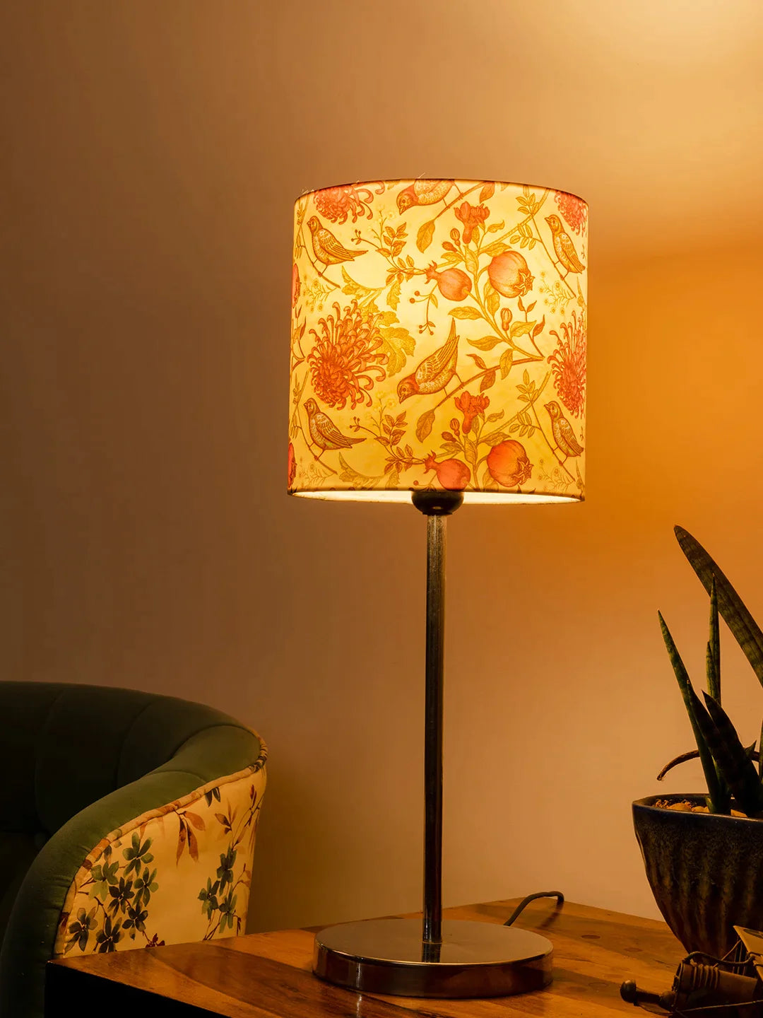 Metal Chrome Finish Lamp with Multicolor Birdy Shade