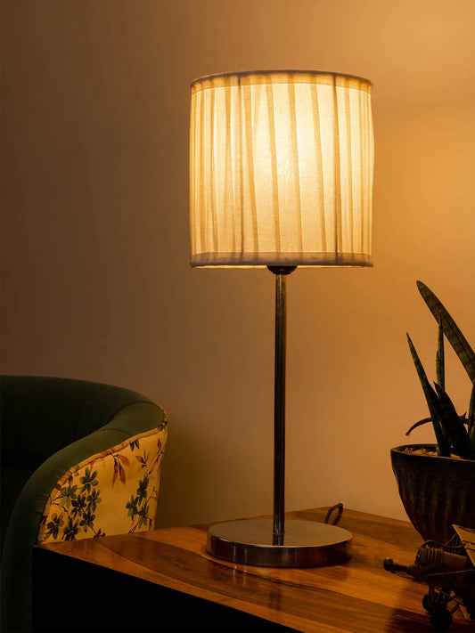 Metal Chrome Finish Lamp with Pleeted Cotton White Shade