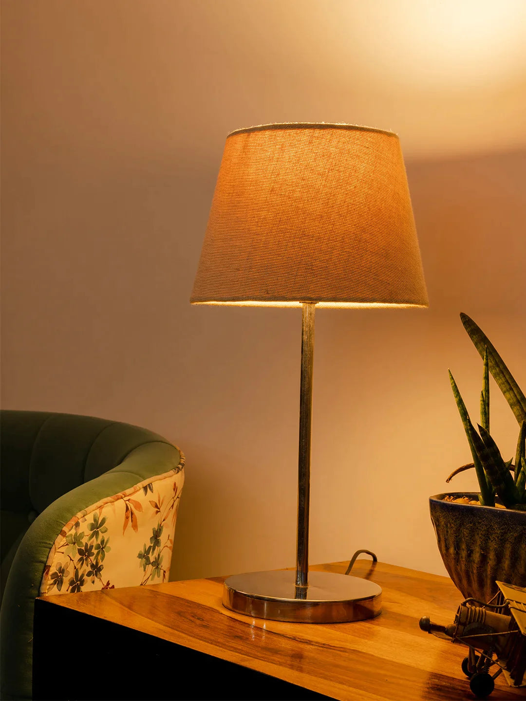 Metal Chrome Finish Lamp with Smare Taper Brown Shade
