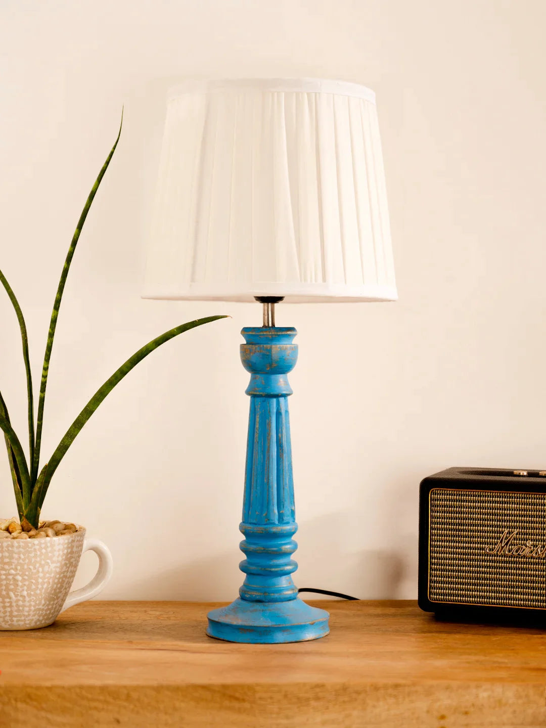 Wooden Pillar Blue lamp with pleeted White Soft Shade