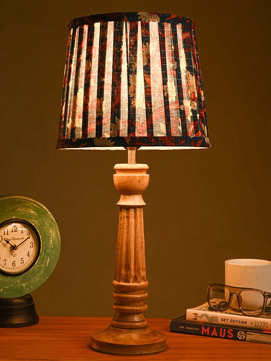 Wooden Pillar Brown Lamp with Pleeted Multicolor Blue Shade