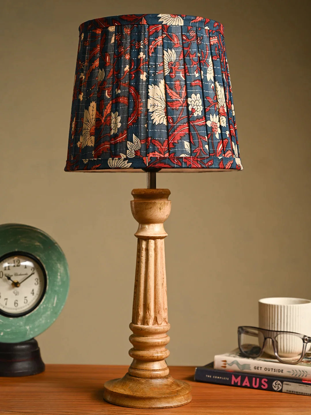 Wooden Pillar Brown Lamp with Pleeted Multicolor Blue Shade