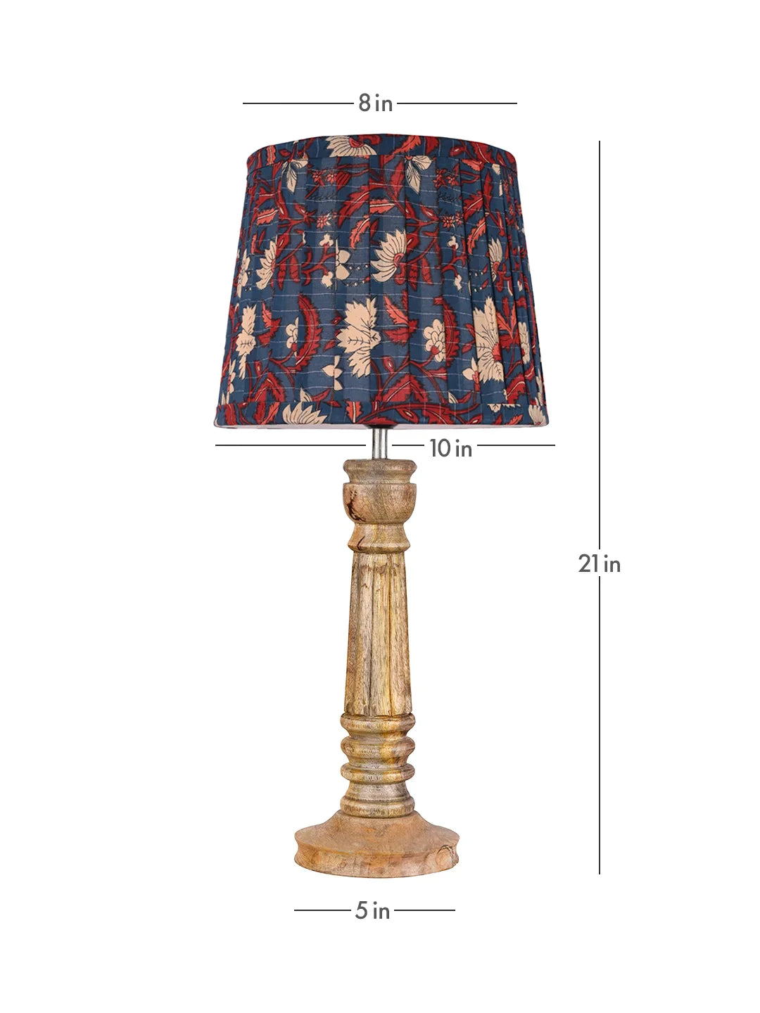 Wooden Pillar Brown Lamp with Pleeted Multicolor Blue Shade
