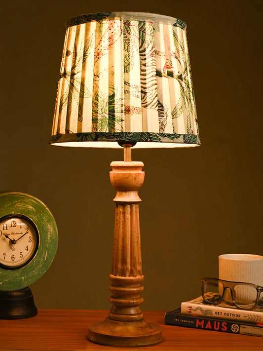 Wooden Pillar Brown Lamp with Pleeted Multicolor Green Shade