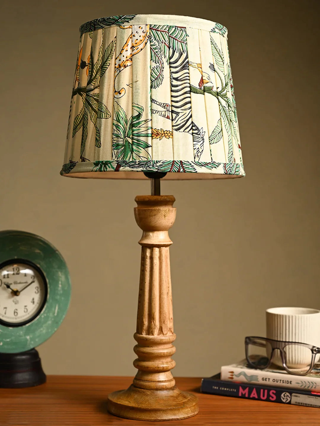 Wooden Pillar Brown Lamp with Pleeted Multicolor Green Shade