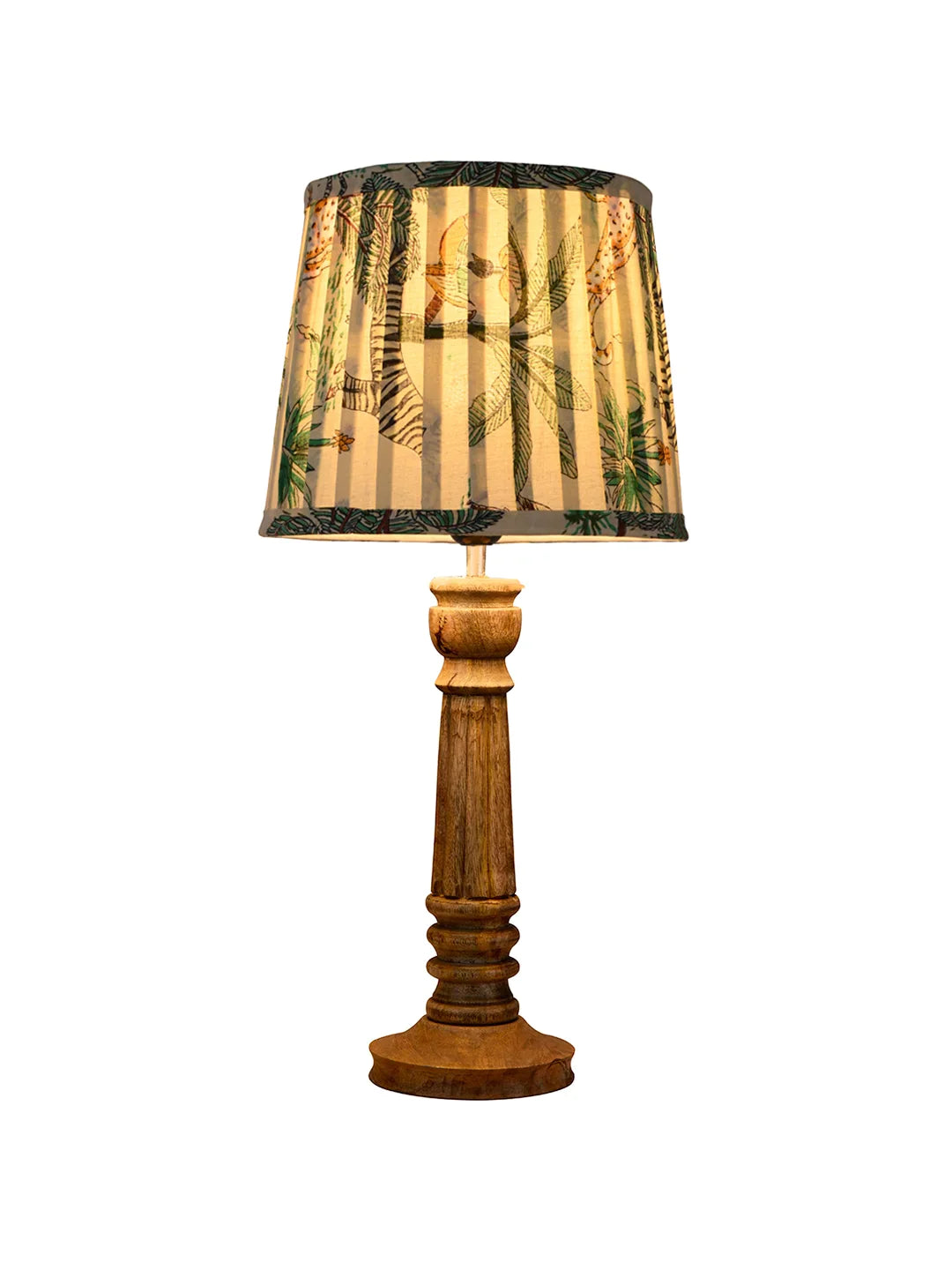 Wooden Pillar Brown Lamp with Pleeted Multicolor Green Shade