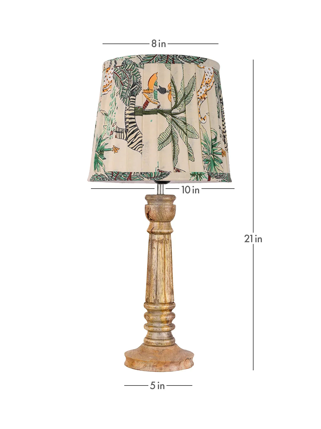 Wooden Pillar Brown Lamp with Pleeted Multicolor Green Shade