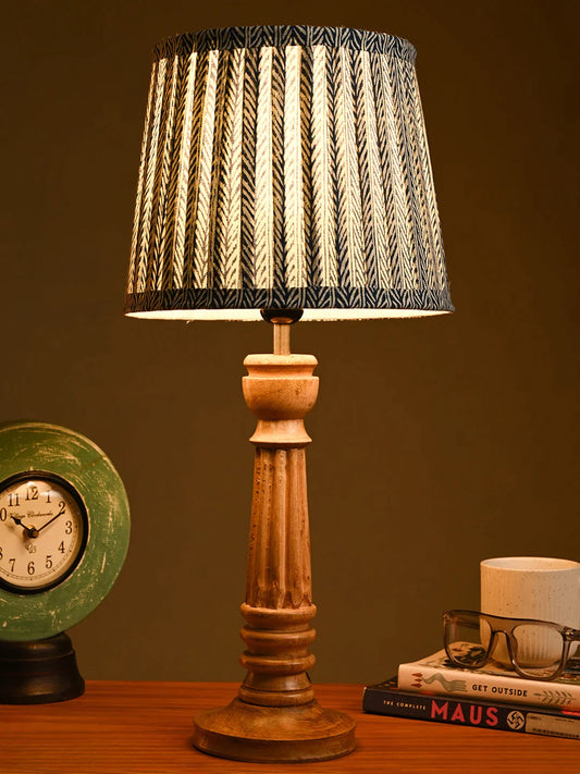Wooden Pillar Brown Lamp with Pleeted Multicolor Grey Shade