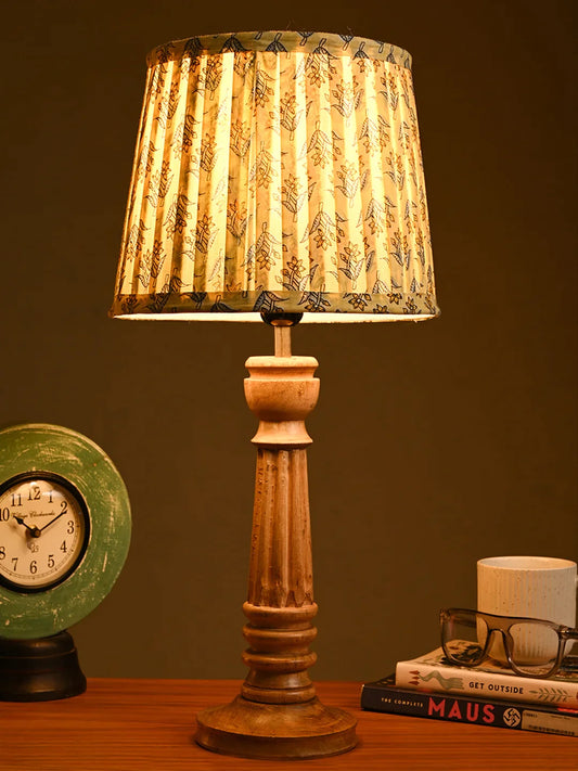 Wooden Pillar Brown Lamp with Pleeted Multicolor Lemon Shade