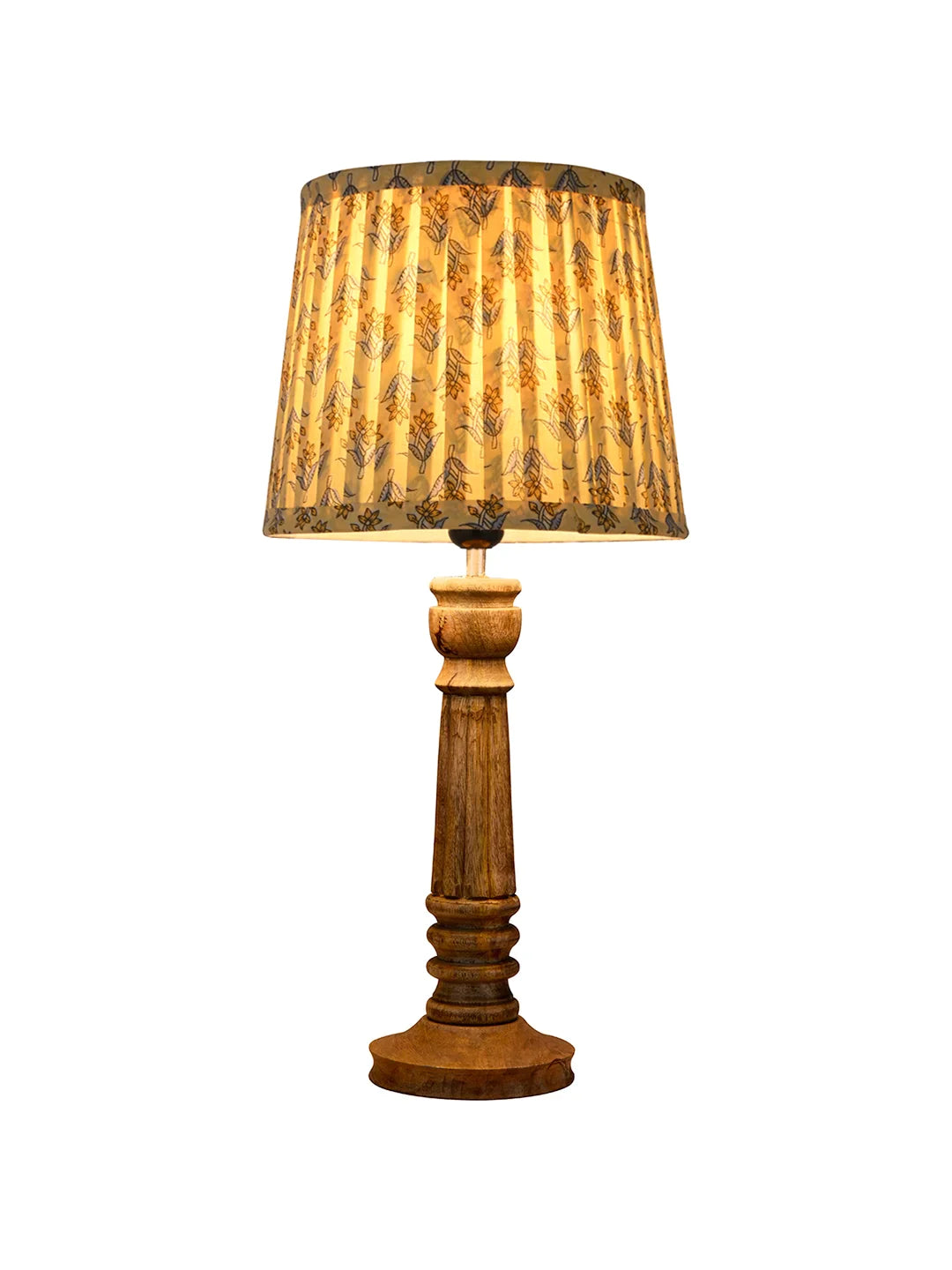 Wooden Pillar Brown Lamp with Pleeted Multicolor Lemon Shade