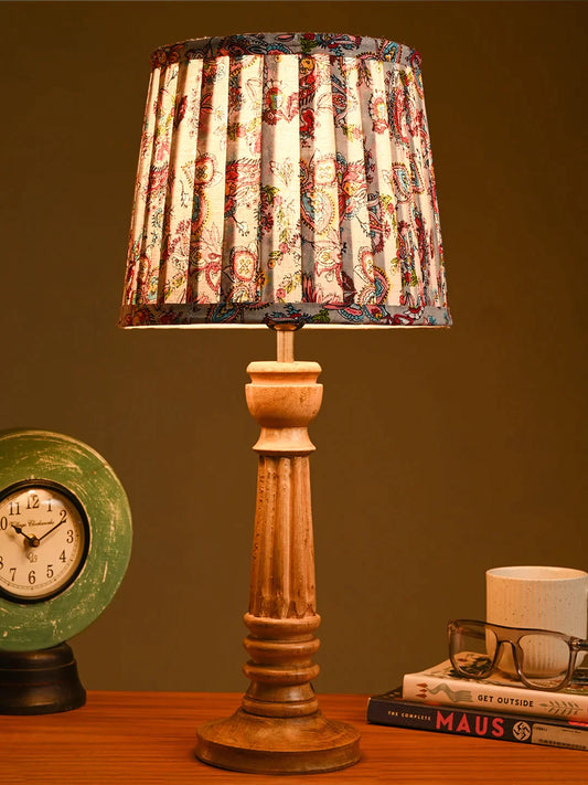 Wooden Pillar Brown Lamp with Pleeted Multicolor Red Shade