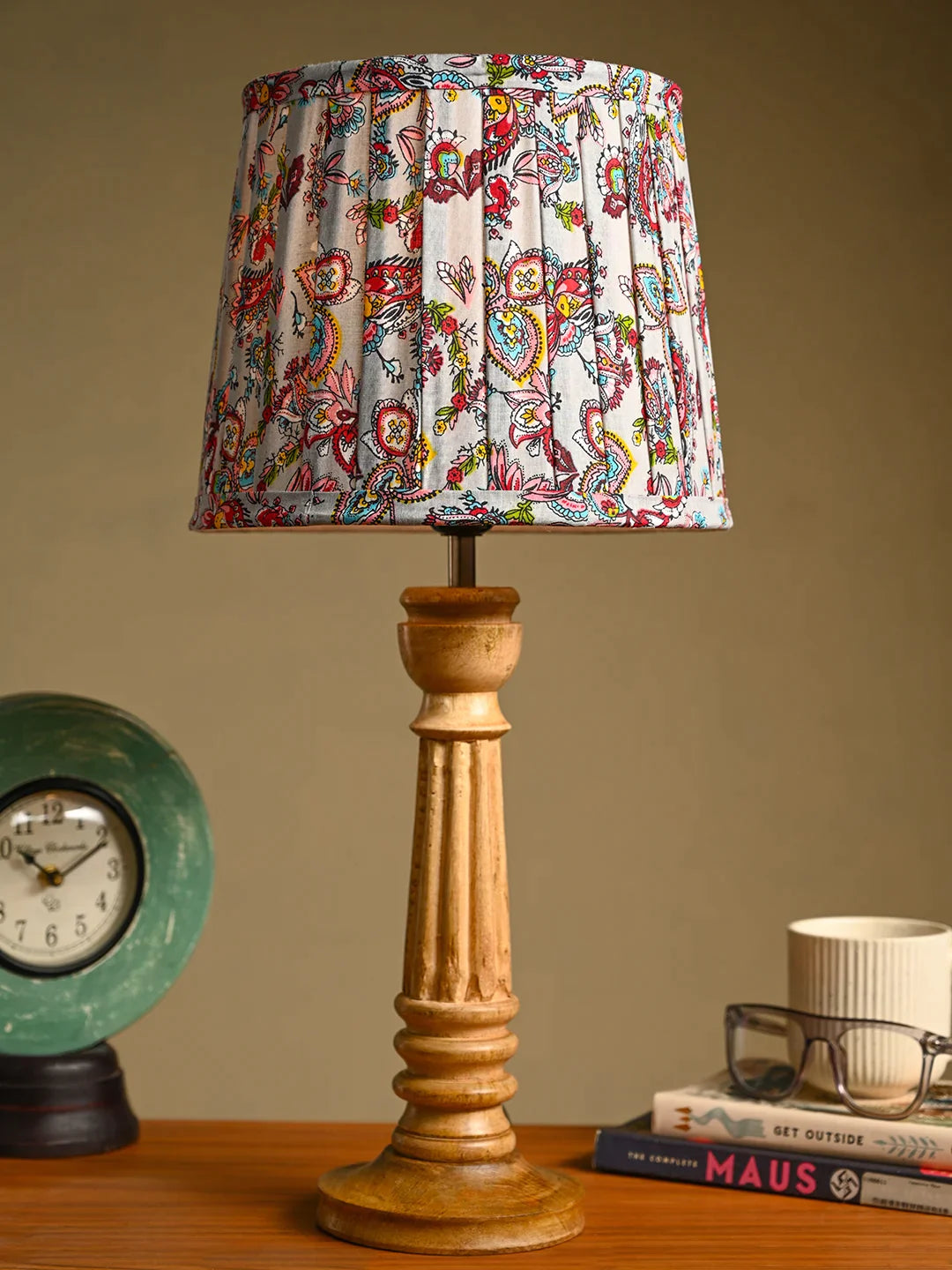 Wooden Pillar Brown Lamp with Pleeted Multicolor Red Shade