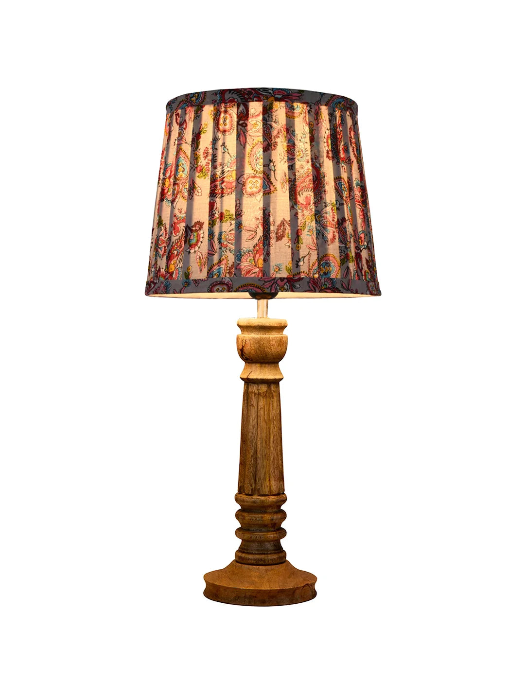 Wooden Pillar Brown Lamp with Pleeted Multicolor Red Shade