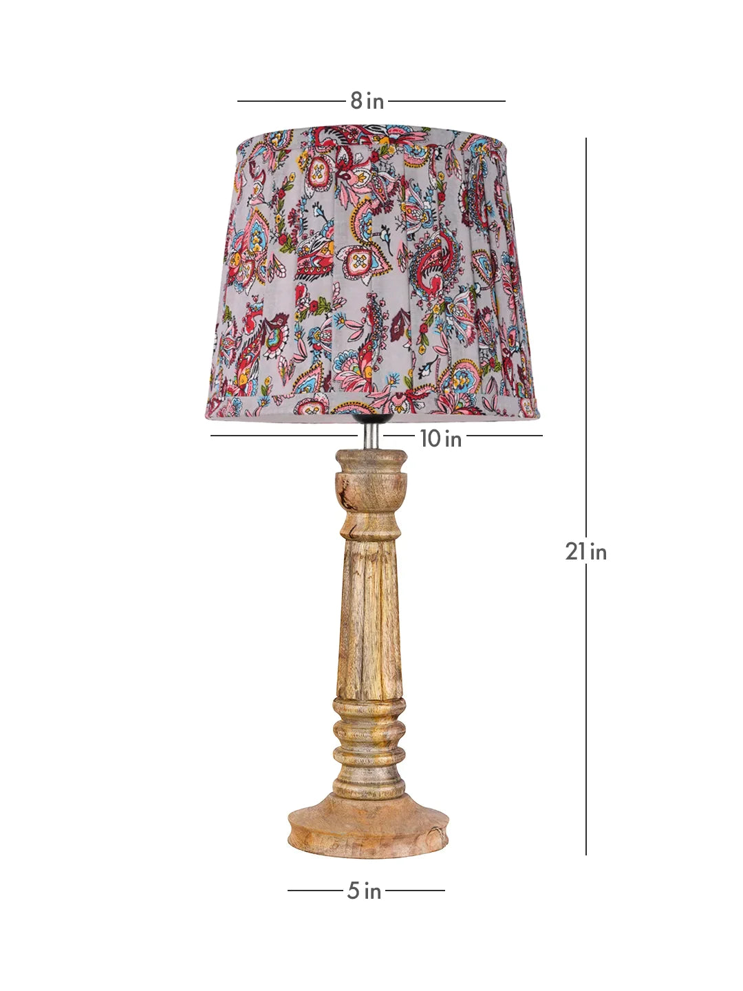 Wooden Pillar Brown Lamp with Pleeted Multicolor Red Shade