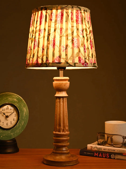 Wooden Pillar Brown Lamp with Pleeted Multicolor Yellow Shade