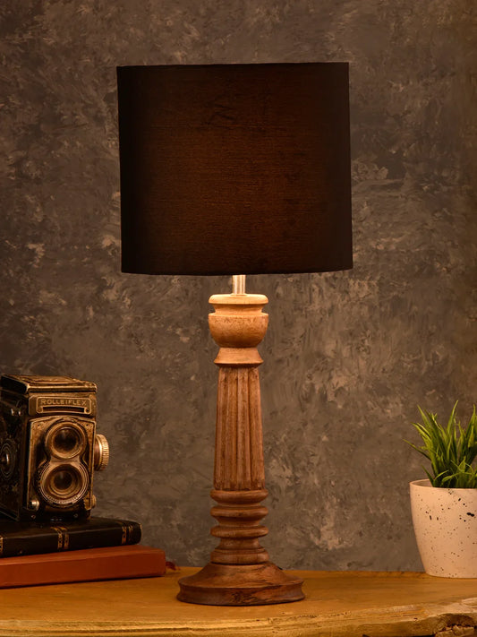 Green girgit Pillar Brown Lamp with Black Cotton Shade