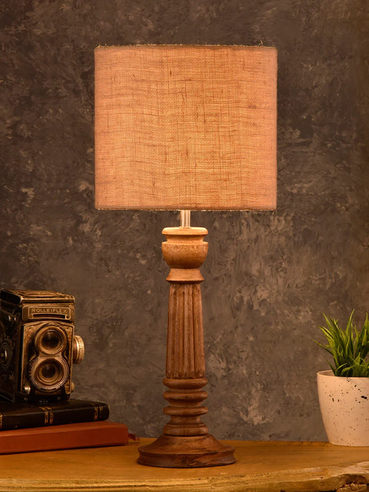 Green girgit Pillar Brown Lamp with Brown Jute Shade